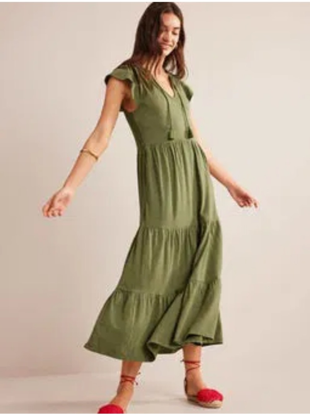 Boden Tiered Slub Midi Dress Olive Green Tassel US 12P D0621